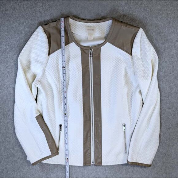 Chico’s Women L Ivory Brown Quilted Moto Jacket Faux Leather Zip Flawed - Picture 7 of 16